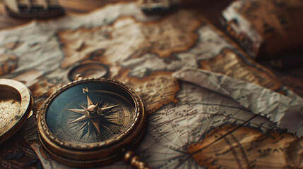 An artistic close-up of an antique compass resting on an old map, showcasing intricate details and textures that evoke a sense of adventure and exploration through time.