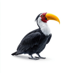 Obraz premium A striking toucan bird with a vivid orange beak and black and white feathers, standing isolated on a white background.