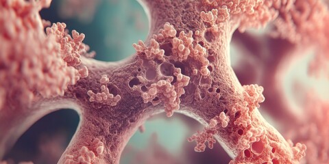 Close-up of a pink, porous, organic structure.