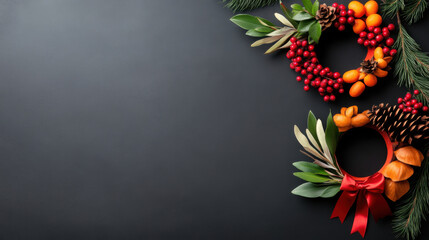Fototapeta premium Two colorful Christmas wreaths with pine cones, berries, and leaves on a black background, perfect for holiday decor and celebrations.
