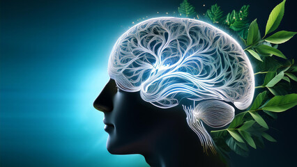 The brain in the form of luminous streams intertwined with natural elements symbolizes the connection between mental and physical health
