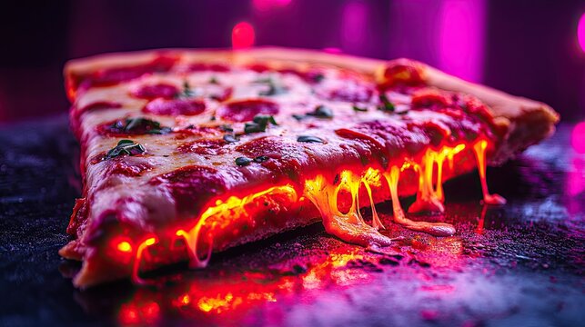 44. A neon-lit pizza slice with oozing cheese and toppings, the colors amplified by the neon lights, creating a mouthwatering and visually striking image