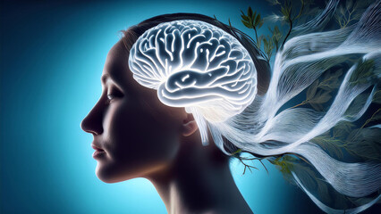 Obraz premium The brain in the form of luminous streams intertwined with natural elements symbolizes the connection between mental and physical health