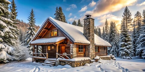 A weathered wood cabin stands strong, its stone chimney a beacon of comfort, as snowflakes gently fall onto
