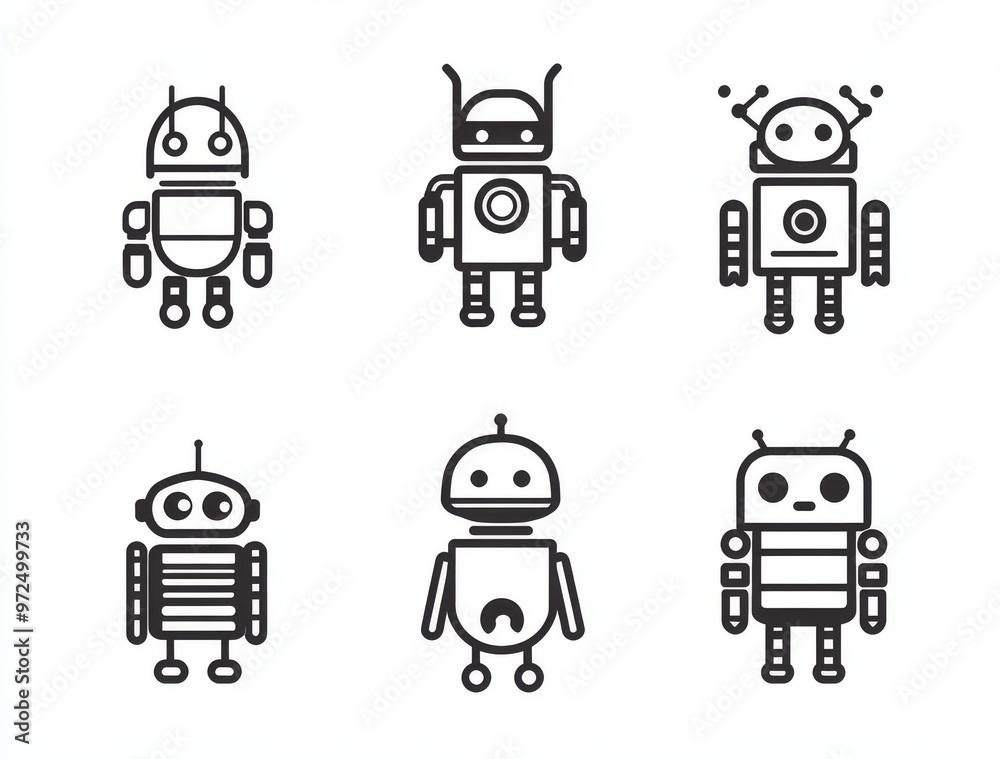 Poster characters and symbols of robot technology set of linear artificial machines