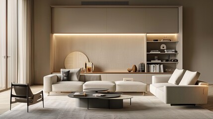 A sleek living room with minimalist furniture, neutral color palette, and hidden storage compartments, creating a clean and clutter-free environment.