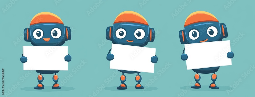 Poster modern illustration with robots presenting collection designs. robots showing whiteboards and speech