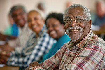 Fototapeta premium Joyful Senior Group Smiling and Enjoying Time Together in a Community Center