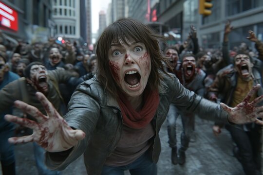 In the middle of a zombie apocalypse scene, a generative AI robot fights your zombie horde