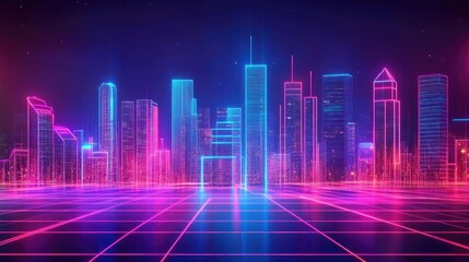 Fototapeta premium Futuristic city skyline illuminated with neon lights, showcasing vibrant colors and modern architecture, perfect for tech and design themes.