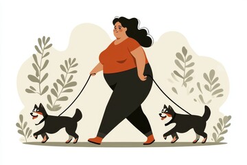 Flat modern illustration of a woman walking dogs