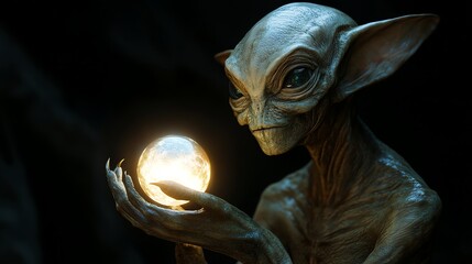 Obraz premium Close-up portrait of an alien with large eyes holding a glowing orb.