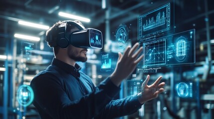 Man wearing VR headset interacting with holographic interface.