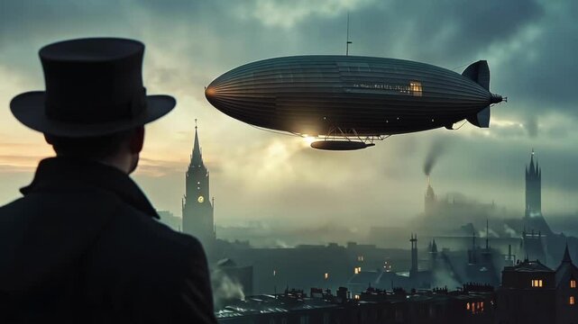 man in hat looks at airship in sky over city