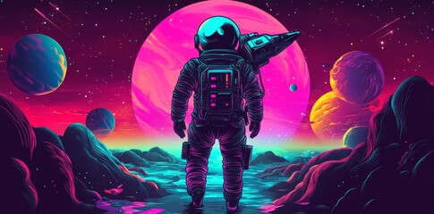 Obraz premium Postmodern astronaut in a helmet. Robotic humans of the future in cyberpunk style. Spacesuit, northern lights, neon glow, and cosmonaut.