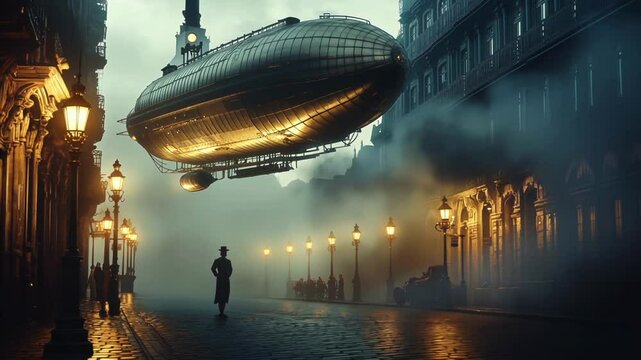 retro airship flies along old street with lanterns