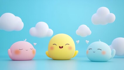 Cute cloud-like characters with a speech bubble expressing their playful thoughts.