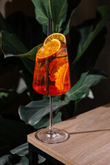 Refreshing aperol spritz cocktail standing on a table with tropical plants in the background