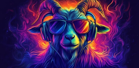 Fototapeta premium Featured in headphones and sunglasses, this neon party goat is generating stock