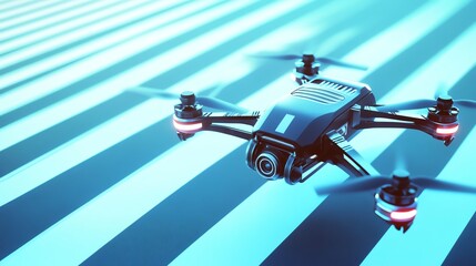 Black drone in mid-flight with blue and white background.