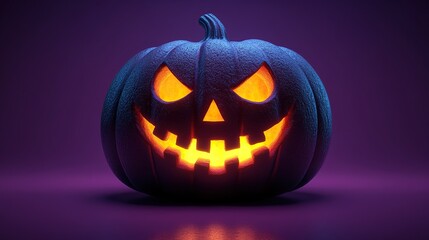 Fototapeta premium 3d animation halloween decoration jumping and spinning pumpkin with scary face jack lantern glowing with inner light isolate3d on purple background