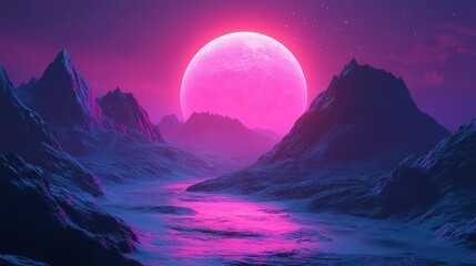 A pink moon rising over a mountain range with a river flowing through the valley.