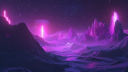 Fototapeta premium A futuristic, otherworldly landscape with neon pink lights illuminating the mountains and stars in the sky.