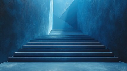 Fototapeta premium 3d animation modern minimal geometric background of portal appearing in the dark room with steps warm light shines from the triangular window blank showcase platform for product presentation
