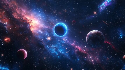 A vibrant cosmic scene with planets, nebulae, and stars.
