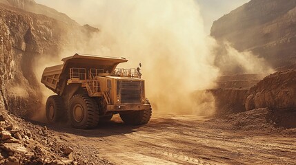 A massive yellow dump truck operates in a dusty construction site, showcasing heavy machinery and industrial work.