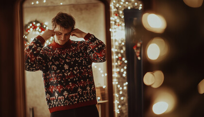 A man adjusting his Christmas sweater in the mirror before a holiday party, with light decorations reflecting in the background