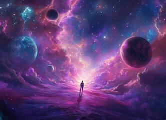 Heroic Figure Staring into the Cosmos: Centralized Universe, Galaxy-Inspired Colors, Digital Art Wallpaper