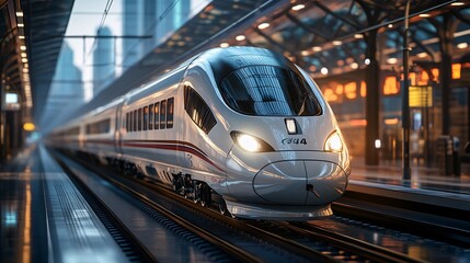 Fototapeta premium A sleek, modern high-speed train arriving at a bustling urban station, showcasing advanced technology and contemporary design.