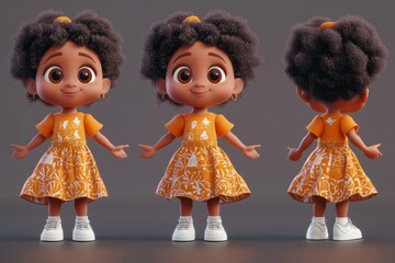 African cartoon girl with black curly hair, three side views, isolated on beige background. Stock 3D render imitation.