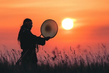 Fototapeta premium shaman ritual - spiritual native american shamanic man raises traditional drum and drumstick