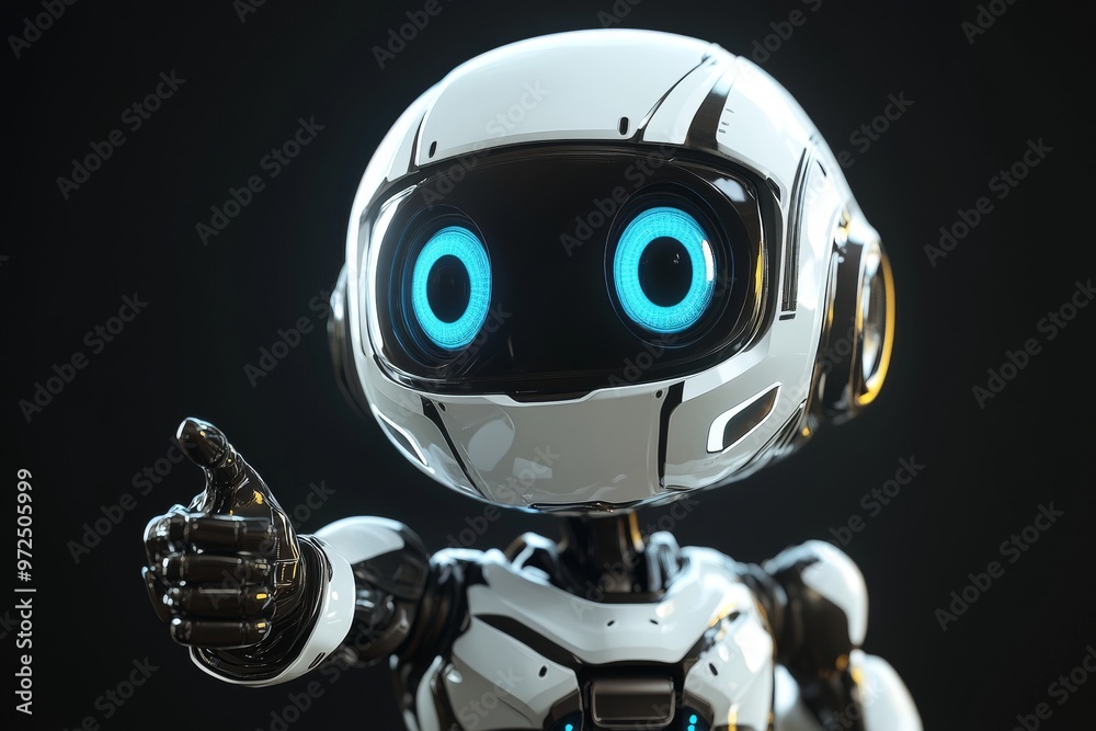 Poster an ai-generated robot is pointing at something on a dark background