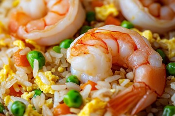 Delicious shrimp fried rice featuring fresh shrimp, vibrant peas, and fluffy scrambled eggs, perfect for a hearty meal.