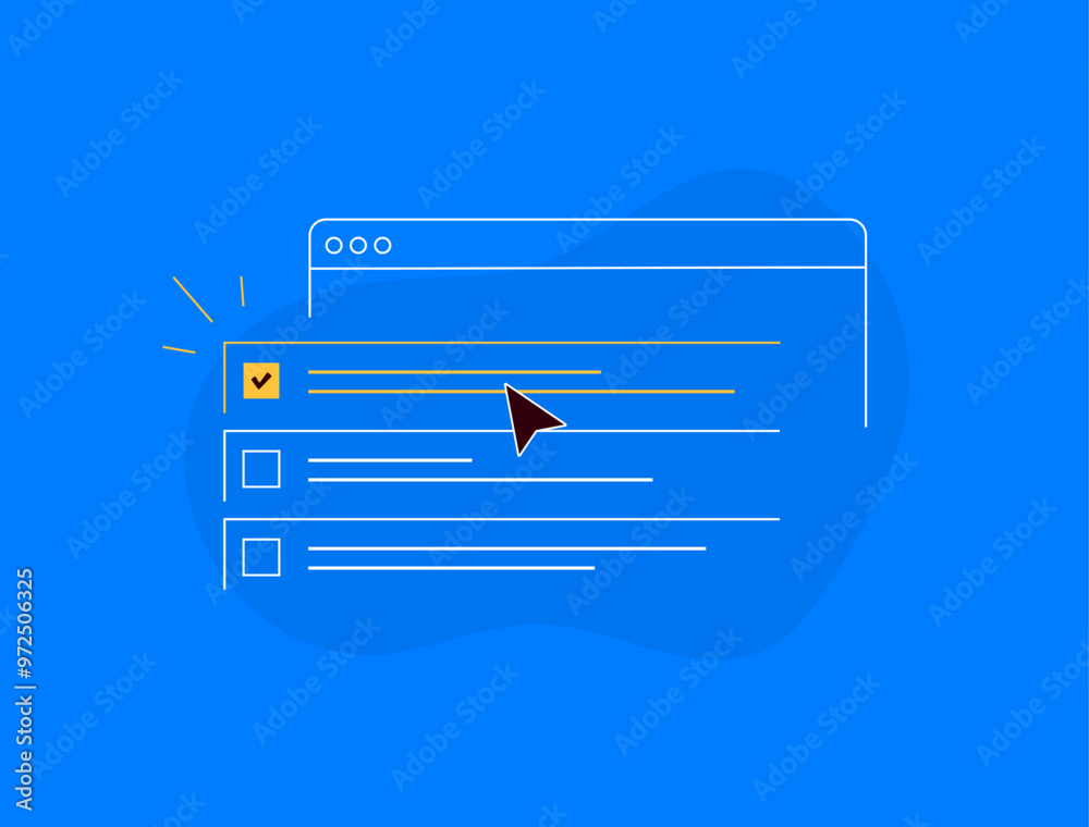 Poster To-do list app - task management reminders interface with check marks. Productivity tool to keep tasks organized and on track. Mouse cursor selects completed task linear outline vector illustration
