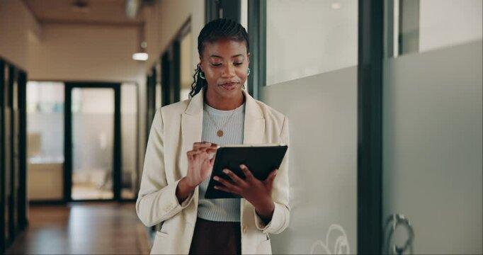 Business, black woman and search on tablet in office with checking schedule, review proposal and reading report. Professional, happy employee and digital tech at workplace for online project research
