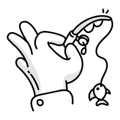 Fishing rod icon in drawing style 