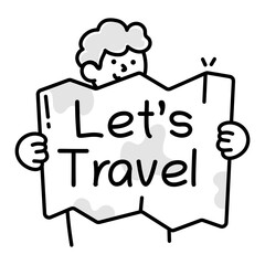 Person holding travel map, tourism icon in drawing style 