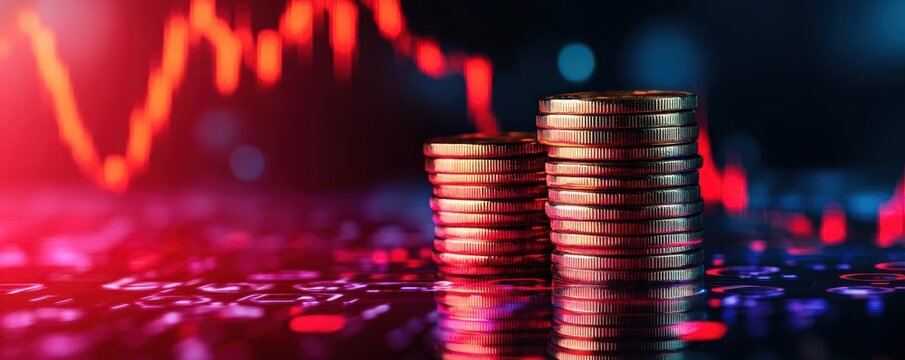 Falling coins and digital numbers in a virtual market space, representing loss and price drops, price crash, crypto market