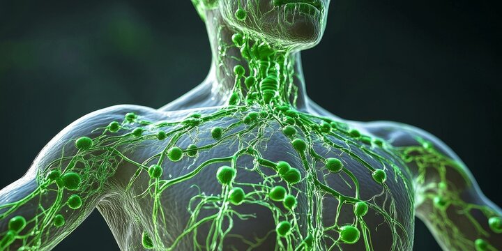Human lymphatic system with green lymph nodes.