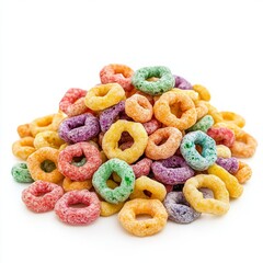 A large pile of brightly colored cereal loops isolated on white background.