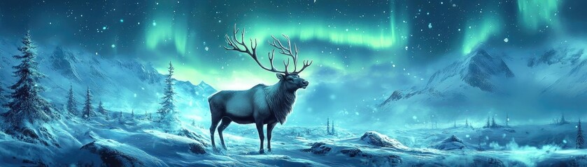 Naklejka premium A majestic deer stands in a snowy landscape illuminated by the vibrant colors of the northern lights in a tranquil winter scene.