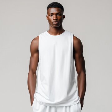 Men's tank top mockup. Standing black athletic man model in sleeveless shirt mock up with plain gray background. Blank white tshirt template. Workout tee, sportsman wear
