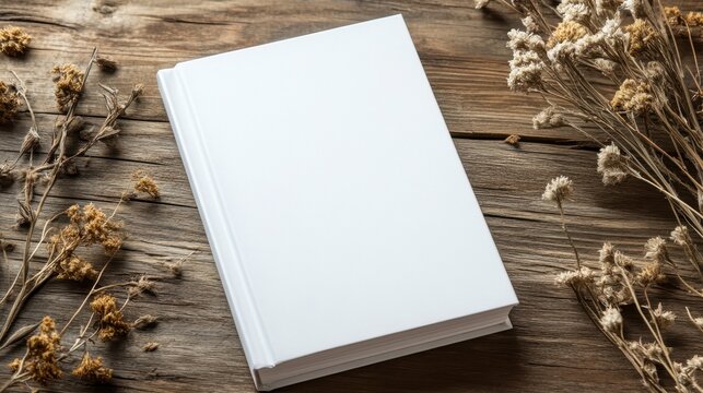 White book cover for new product advertisement on the wooden table and dried flower.