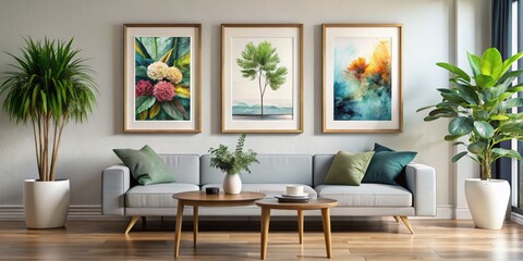 Framed artwork pieces in sleek, contemporary frames adorn a crisp white wall, adding a touch of sophistication to