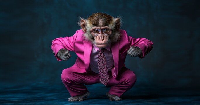 It's a crazy looking monkey or ape dressed in a smart suit and tie, looking like a serious businessman. A wide banner with space for copy on the side.