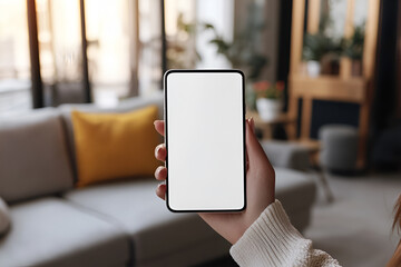 Woman hand holding using touch mobile phone white screen mockup Back view